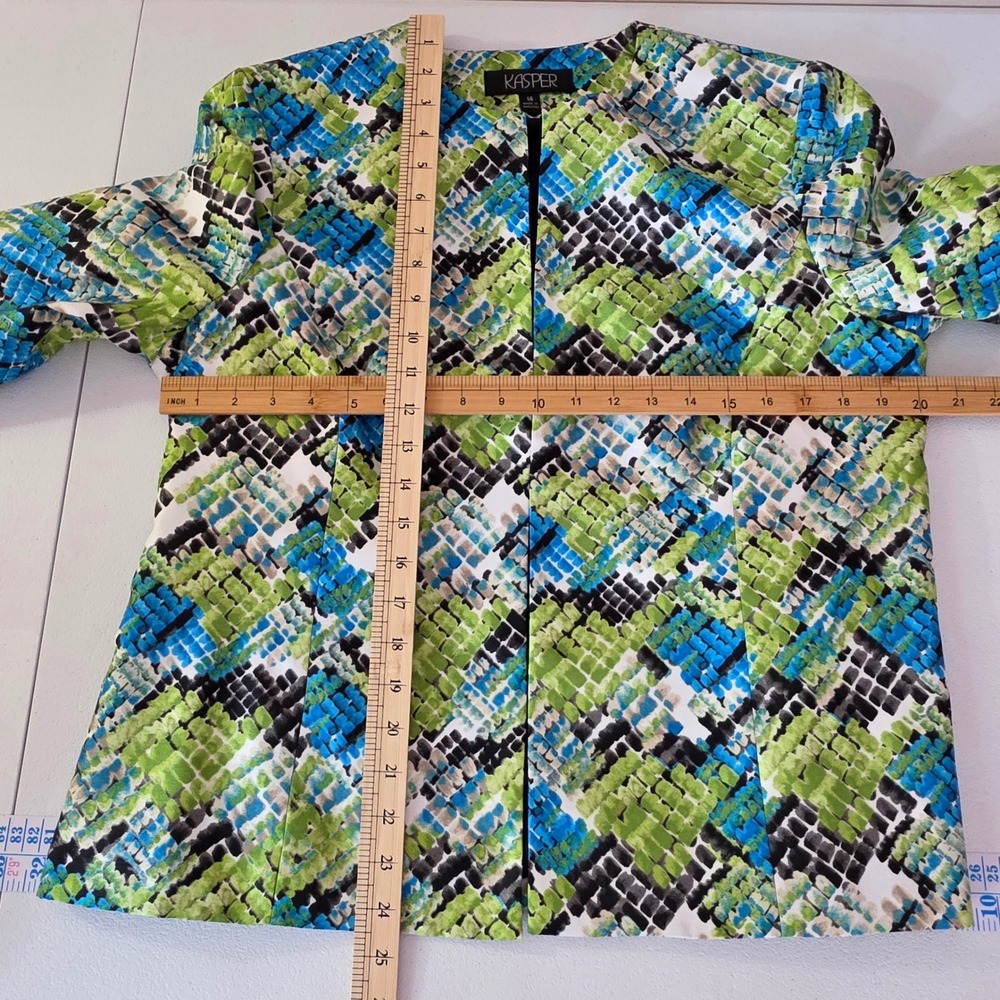 Kasper Blazer Jacket Womens 14 Green Blue Abstract Open Front Office Professiona - Picture 5 of 8